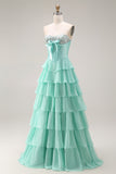 Pink Corset Sweetheart Tiered A Line Long Prom Dress With Slit