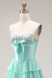 Pink Corset Sweetheart Tiered A Line Long Prom Dress With Slit
