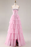 Pink Corset Sweetheart Tiered A Line Long Prom Dress With Slit