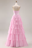 Pink Corset Sweetheart Tiered A Line Long Prom Dress With Slit