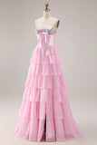 Pink Corset Sweetheart Tiered A Line Long Prom Dress With Slit