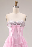 Pink Corset Sweetheart Tiered A Line Long Prom Dress With Slit
