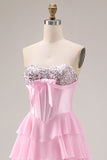 Pink Corset Sweetheart Tiered A Line Long Prom Dress With Slit