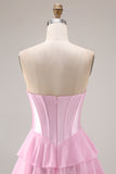 Pink Corset Sweetheart Tiered A Line Long Prom Dress With Slit