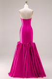 Mermaid Fuchsia Satin Strapless Long Prom Dress with 3D Flowers