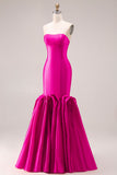 Mermaid Fuchsia Satin Strapless Long Prom Dress with 3D Flowers