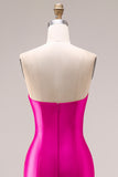 Mermaid Fuchsia Satin Strapless Long Prom Dress with 3D Flowers