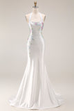 White Mermaid Halter Beaded Long Prom Dress