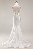 White Mermaid Halter Beaded Long Prom Dress