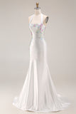 White Mermaid Halter Beaded Long Prom Dress