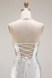 White Mermaid Halter Beaded Long Prom Dress