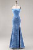 Blue Pearl Mermaid Corset Strapless Long Prom Dress With Slit