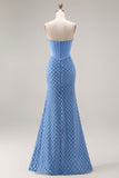 Blue Pearl Mermaid Corset Strapless Long Prom Dress With Slit