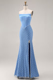 Blue Pearl Mermaid Corset Strapless Long Prom Dress With Slit