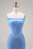 Blue Pearl Mermaid Corset Strapless Long Prom Dress With Slit