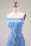 Blue Pearl Mermaid Corset Strapless Long Prom Dress With Slit
