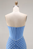 Blue Pearl Mermaid Corset Strapless Long Prom Dress With Slit