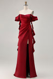 Burgundy Off The Shoulder Mermaid Ruffled Lace Up Back Long Bridesmaid Dress with Slit