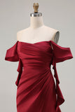 Burgundy Off The Shoulder Mermaid Ruffled Lace Up Back Long Bridesmaid Dress with Slit