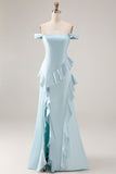 Blue Off the Shoulder Mermaid Ruffle Long Bridesmaid Dress with Slit