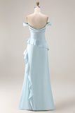 Blue Off the Shoulder Mermaid Ruffle Long Bridesmaid Dress with Slit