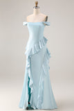 Blue Off the Shoulder Mermaid Ruffle Long Bridesmaid Dress with Slit