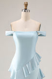 Blue Off the Shoulder Mermaid Ruffle Long Bridesmaid Dress with Slit