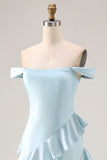 Blue Off the Shoulder Mermaid Ruffle Long Bridesmaid Dress with Slit