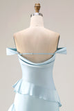 Blue Off the Shoulder Mermaid Ruffle Long Bridesmaid Dress with Slit