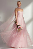 Blushing Pink Strapless A Line Tulle Long Bridesmaid Dress