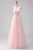 Blushing Pink Strapless A Line Tulle Long Bridesmaid Dress