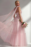 Blushing Pink Strapless A Line Tulle Long Bridesmaid Dress