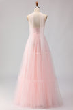 Blushing Pink Strapless A Line Tulle Long Bridesmaid Dress