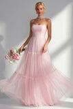 Blushing Pink Strapless A Line Tulle Long Bridesmaid Dress