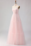 Blushing Pink Strapless A Line Tulle Long Bridesmaid Dress