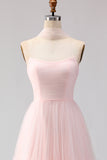 Blushing Pink Strapless A Line Tulle Long Bridesmaid Dress