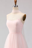 Blushing Pink Strapless A Line Tulle Long Bridesmaid Dress