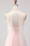 Blushing Pink Strapless A Line Tulle Long Bridesmaid Dress