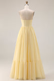 Yellow Chiffon A Line Corset Strapless Long Bridesmaid Dress With Slit