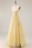 Yellow Chiffon A Line Corset Strapless Long Bridesmaid Dress With Slit