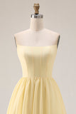 Yellow Chiffon A Line Corset Strapless Long Bridesmaid Dress With Slit