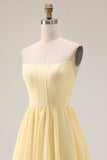 Yellow Chiffon A Line Corset Strapless Long Bridesmaid Dress With Slit