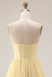Yellow Chiffon A Line Corset Strapless Long Bridesmaid Dress With Slit