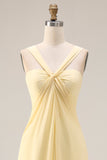 A Line Yellow Chiffon Convertible Long Bridesmaid Dress With Slit