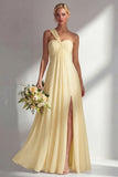 A Line Yellow Chiffon Convertible Long Bridesmaid Dress With Slit