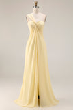 A Line Yellow Chiffon Convertible Long Bridesmaid Dress With Slit