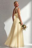 A Line Yellow Chiffon Convertible Long Bridesmaid Dress With Slit