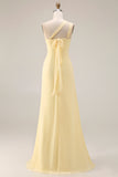 A Line Yellow Chiffon Convertible Long Bridesmaid Dress With Slit