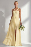 A Line Yellow Chiffon Convertible Long Bridesmaid Dress With Slit