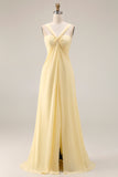 A Line Yellow Chiffon Convertible Long Bridesmaid Dress With Slit